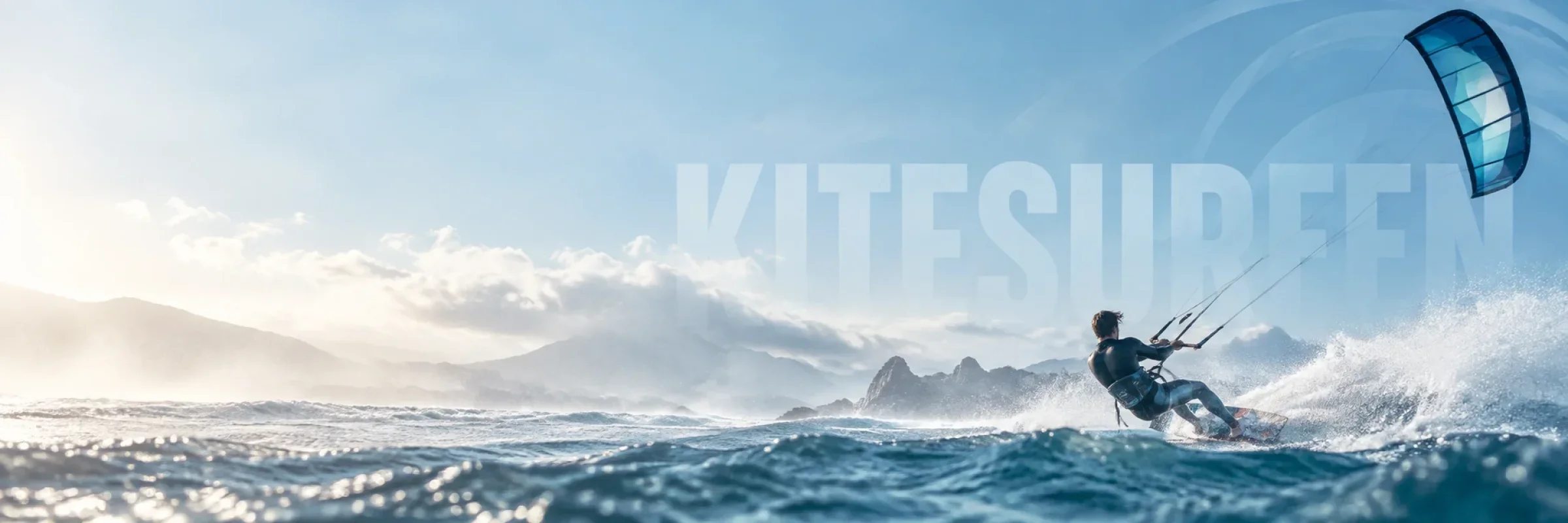 Kitesurfer zieht mit gespanntem Kite über die Wellen