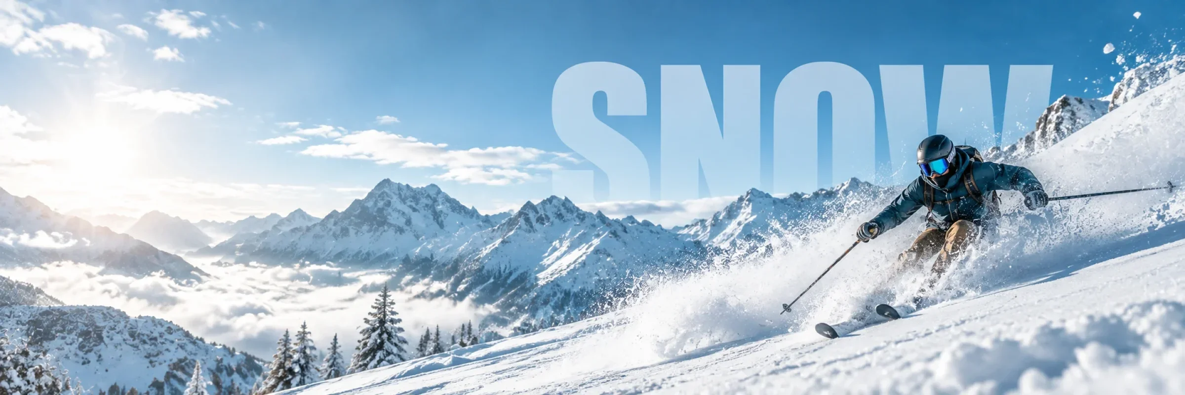 Skifahrer zieht bei Sonnenschein eine Spur durch den Tiefschnee